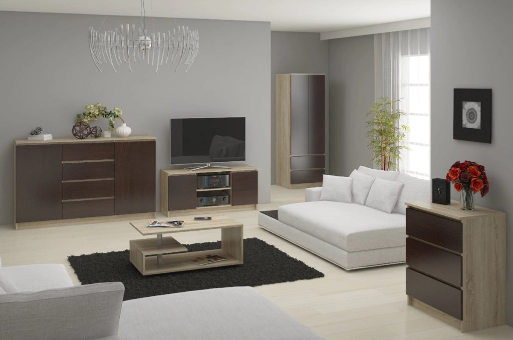 Cassettiera AKORD K140 Sonoma Quercia 138 cm 3 ante 3 cassetti inserto frontale Wengé 138x40x99 cm