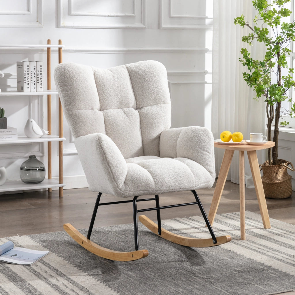 OKWISH Sedia a Dondolo con Schienale Alto Ergonomico e Braccioli Imbottiti, Struttura in Metallo e Legno, Teddy Bianco