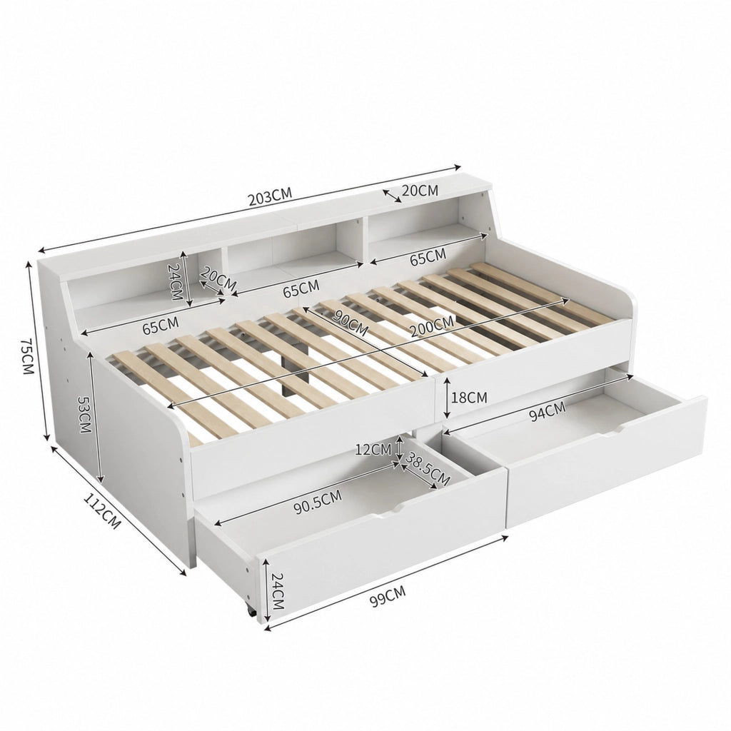 DESMIU Letto singolo 90 × 200 cm con 2 cassetti e 3 vani portaoggetti, senza materasso, in legno di pino e MDF, bianco