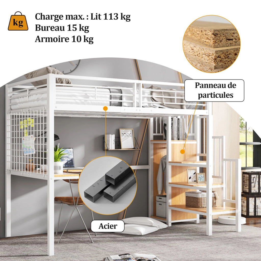 OKWISH Letto a Soppalco 90×200 cm, Letto Singolo con Scala Laterale, Scrivania e Armadio, senza Materasso, in Metallo e MDF, Bianco Naturale
