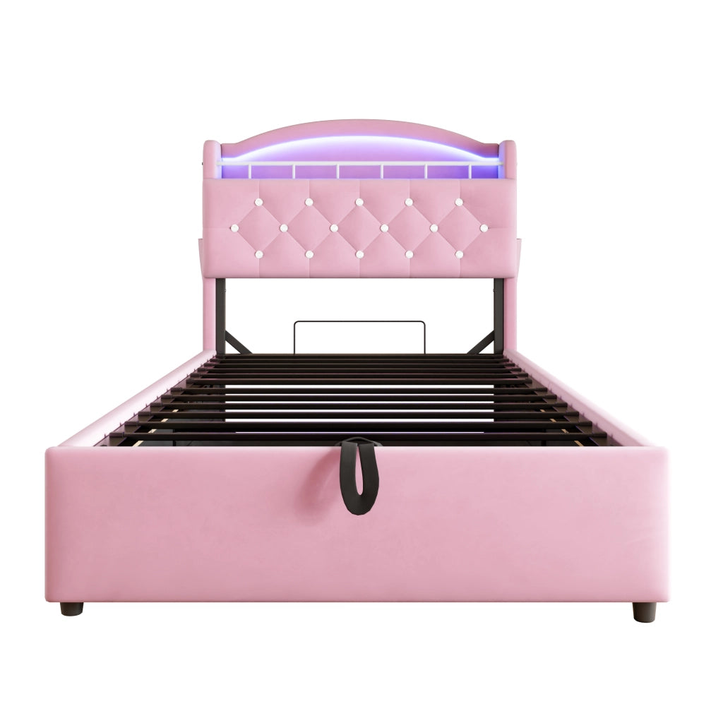 Letto bambino imbottito singolo 90×200 cm con contenitore; LED; USB e Type-C; senza materasso; velluto; rosa