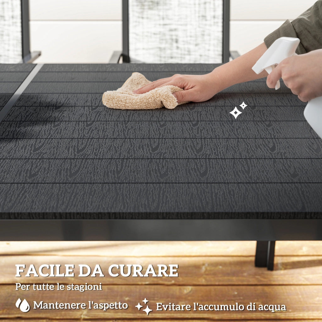 Set da Giardino 7 Pezzi con Tavolo Rettangolare e 6 Sedie Impilabili Traspiranti in Acciaio Grigio e Nero
