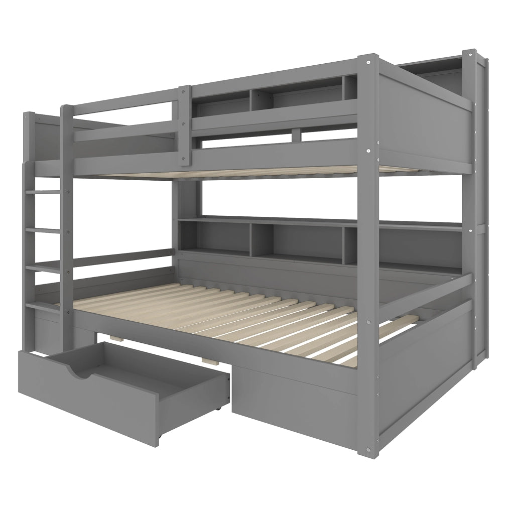 Letto a castello 90×200 cm; 3 posti con cassetto; vani portaoggetti; senza materasso; in pino grigio
