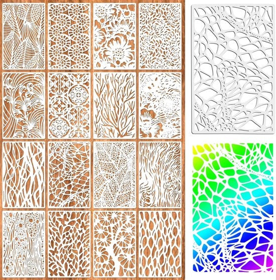 Serie di Schemi 16 pezzi - Schemi a Strati Astratti - Schemi Geometrici Riciclabili - Decorazione - Materiale Resistente alla Diffusione - Caratteristiche Stabilizzate a Basse Temperature - Schemi a Stampa