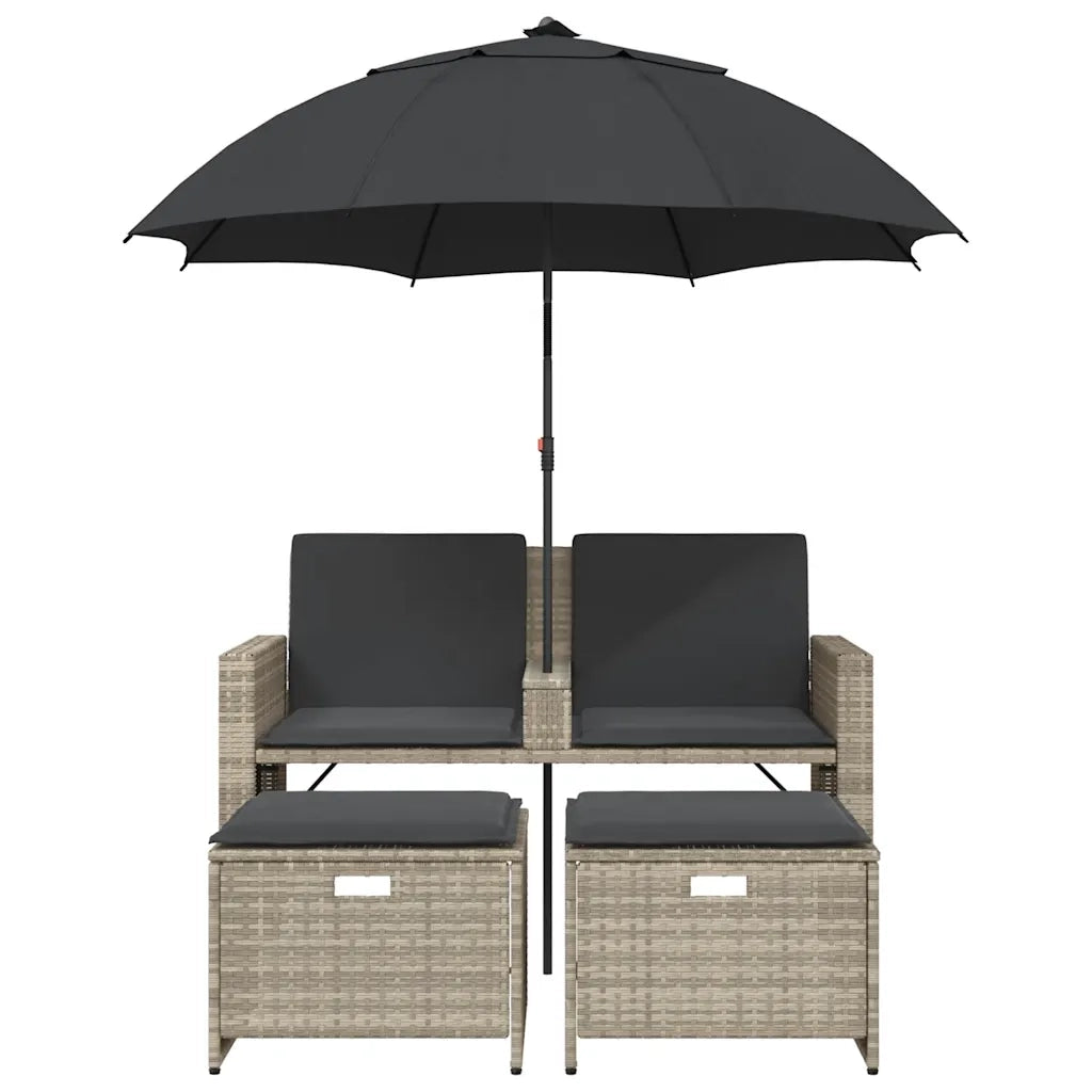 Divano 2Posti Ombrellone e Sgabelli Grigio Chiaro Polyrattan 365888