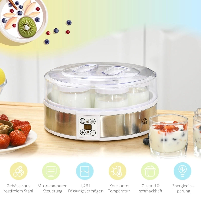 Yogurtiera, con 7 vasetti inclusi, in acciaio inox, 24 cm x 24 cm x 13 cm, argento + bianco