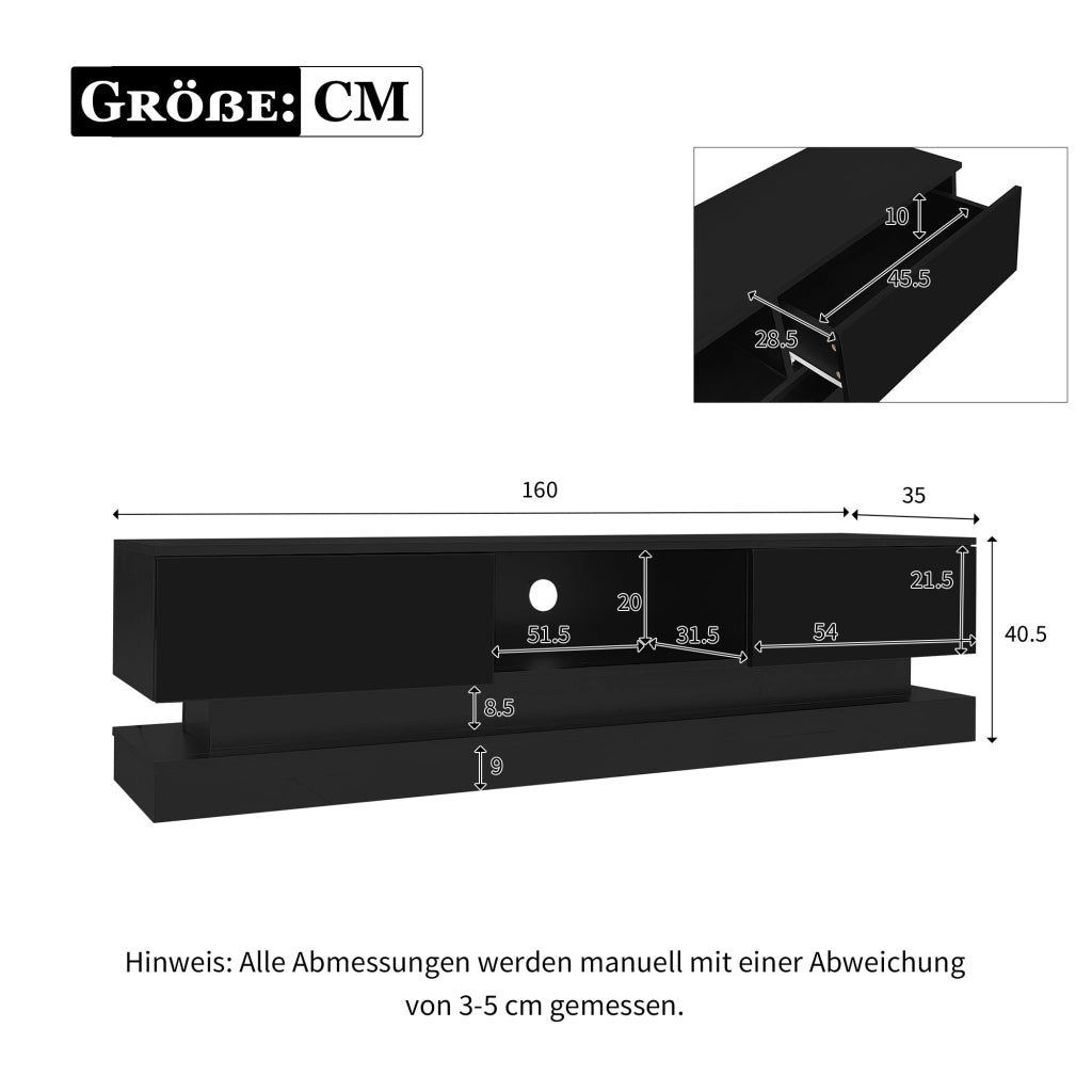 Mobile porta TV nero lucido con LED da app, 2 cassetti, passacavi e design anti-ribaltamento 160 × 35 × 40,5 cm