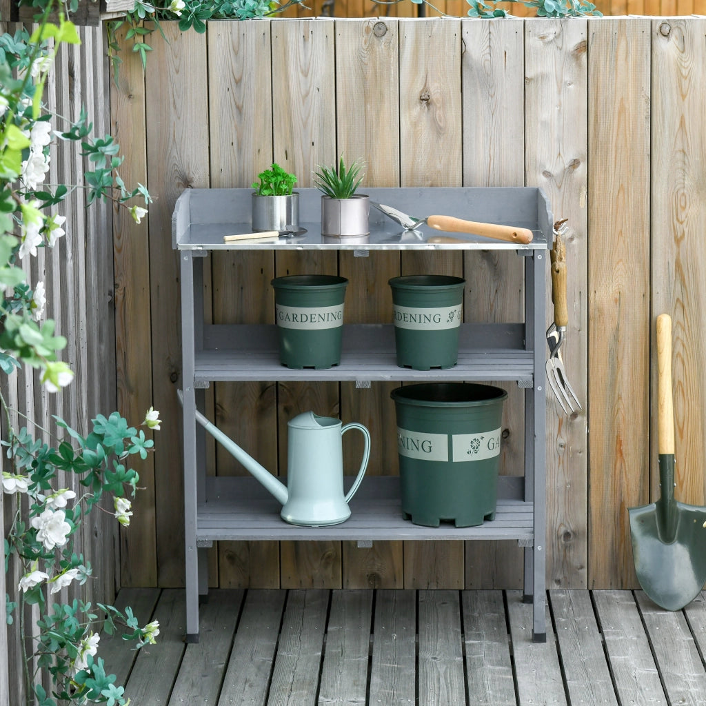 Tavolo da giardinaggio ¨C Xylo ¨C legno grigio con piano metallo 76x37x89 cm