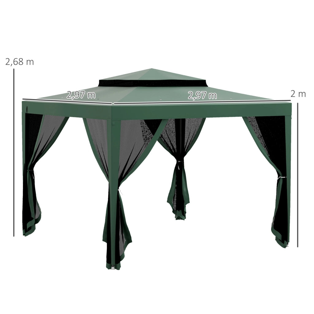 Gazebo da Giardino 3x3 m ¨C Zephmum ¨C Verde con 4 Mosquitiere e Tetto Doppio