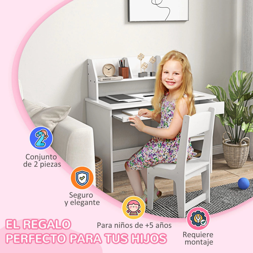 Scrivania per Bambini con Cassetto e Sedia ¨C zephmum ¨C Bianco 90x45x90 cm