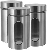 Scatole di archiviazione per amici con finestra circolare, acciaio inossidabile, argento, foro di vetro, set da 3, diametro 10 cm & altezza 18 cm, scatola di archiviazione per cucina con coperchio, scatola di archiviazione per alimenti