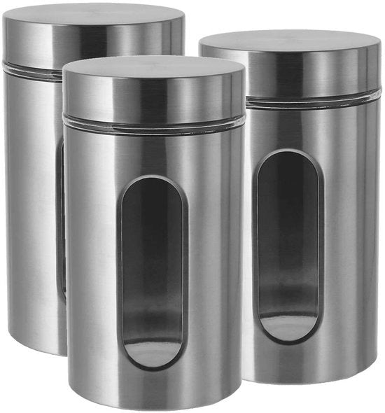 Scatole di archiviazione per amici con finestra circolare, acciaio inossidabile, argento, foro di vetro, set da 3, diametro 10 cm & altezza 18 cm, scatola di archiviazione per cucina con coperchio, scatola di archiviazione per alimenti