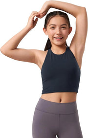 Top di alta qualità per danza e yoga, con collo alto e cerniera posteriore, in tessuto doppio strato per ragazze