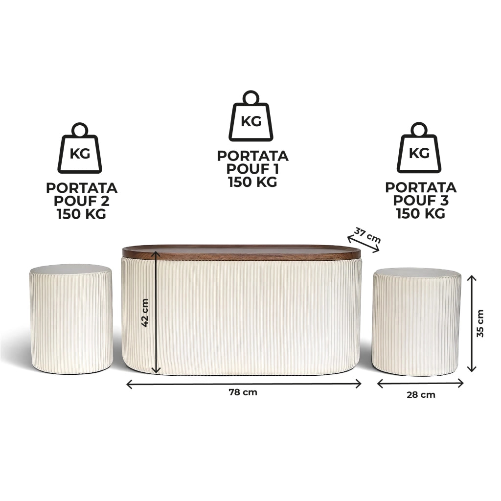 Set 3 Pouf Contenitore con Tavolino da Salotto Ovale in Velluto e Coperchio in Legno, 2 Pouf Interni Salvaspazio, Tavolino Contenitore Moderno, Seduta Imbottita Beige