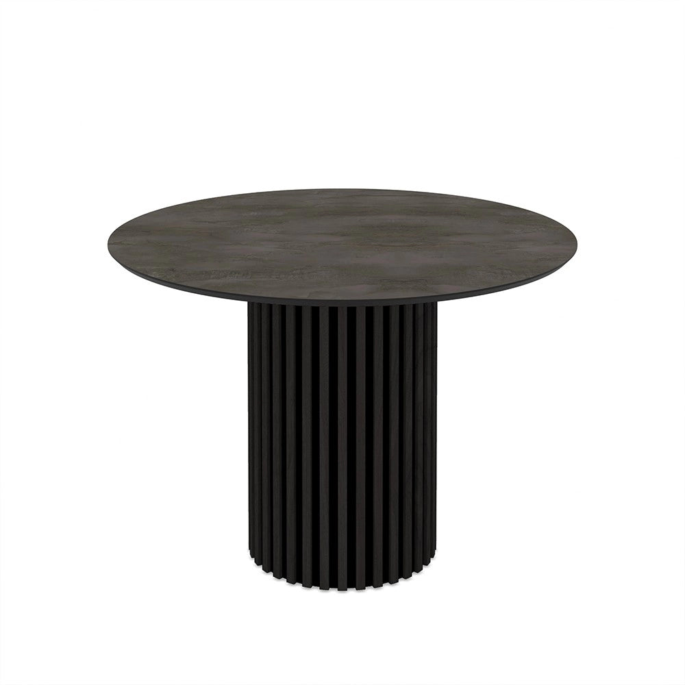Tavolo rotondo Olympus piano effetto marmo grigio opaco e base cannettata nera 110x110x76