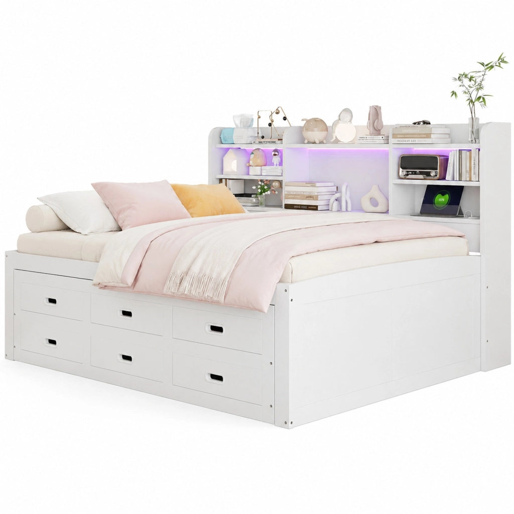 Letto multifunzionale estraibile 140x200 cm con LED, USB+Type-C, 3 cassetti e bianco