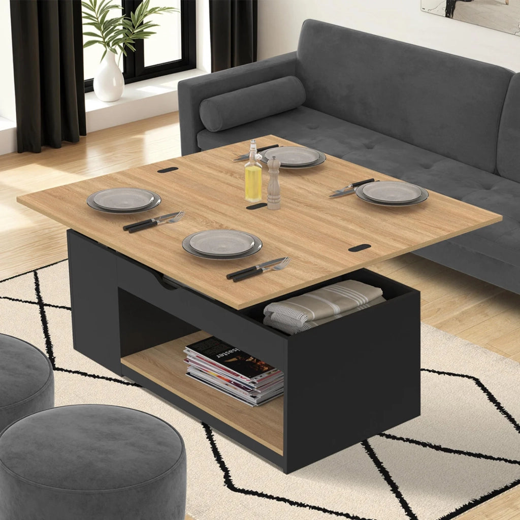 IDMarket - Tavolino rettangolare trasformabile in tavolo da pranzo ELEA in legno nero e impiallacciatura di faggio