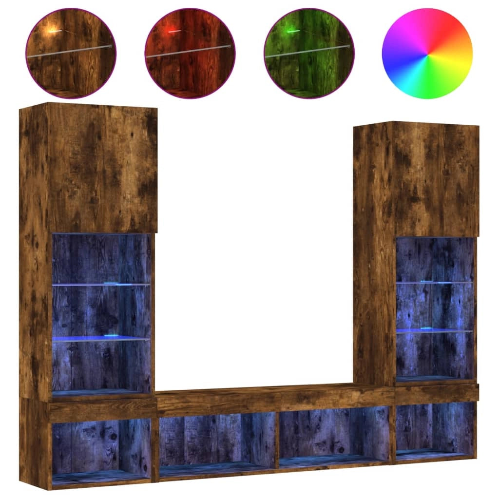 Mobile TV multimediale scaffale TV credenza mobile TV sala da pranzo soggiorno camera da letto con illuminazione a LED 5 pezzi rovere affumicato legno ingegnerizzato marrone 02_0029405