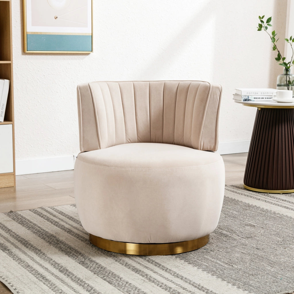 Sedia girevole 360° con schienale ergonomico; seduta imbottita; struttura in legno e metallo; velluto beige
