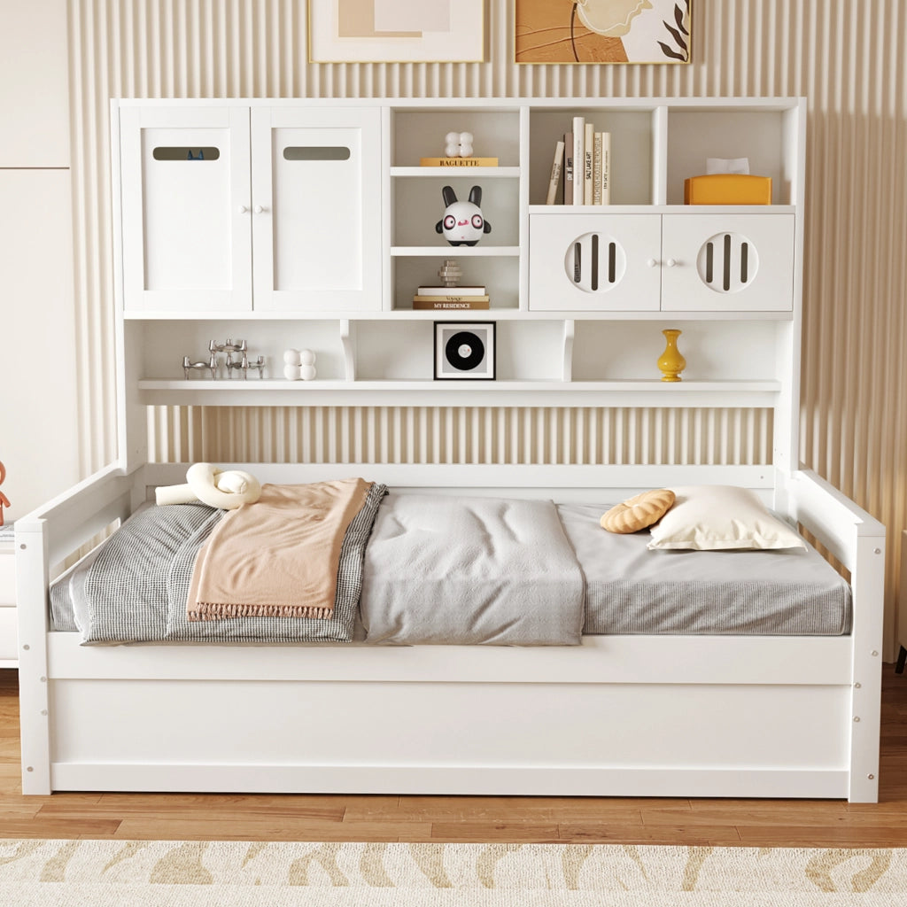 Letto singolo contenitore 90×200 cm con vani portaoggetti e rete idraulica; senza materasso; legno; bianco