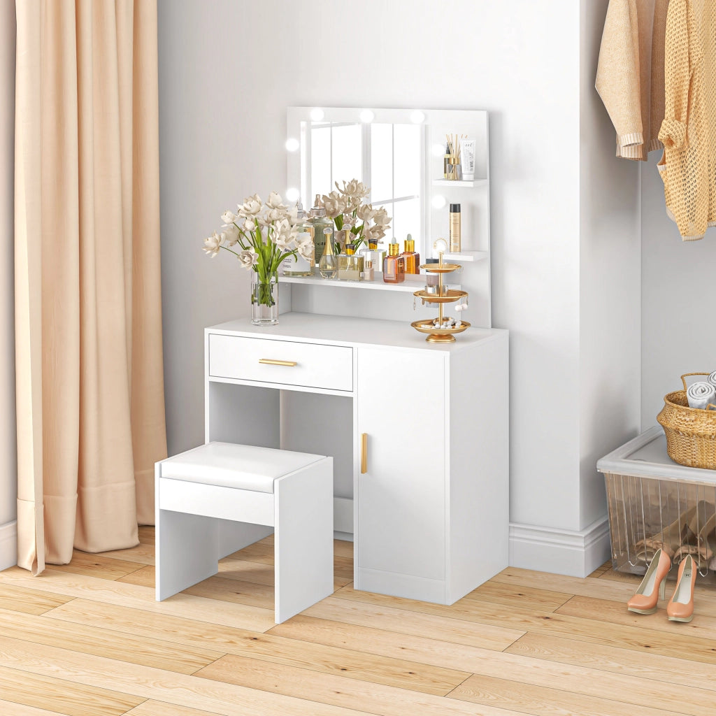 Cassettiera con specchio LED e sgabello ¨C Xylo ¨C bianco con cassetti e ripiani