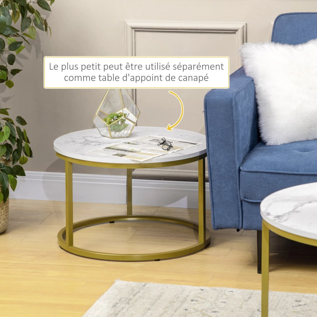 Set 2 tavolini da caff¨¨ rotondi impilabili ¨C Xylo ¨C effetto marmo bianco gambe acciaio dorato ?74cm