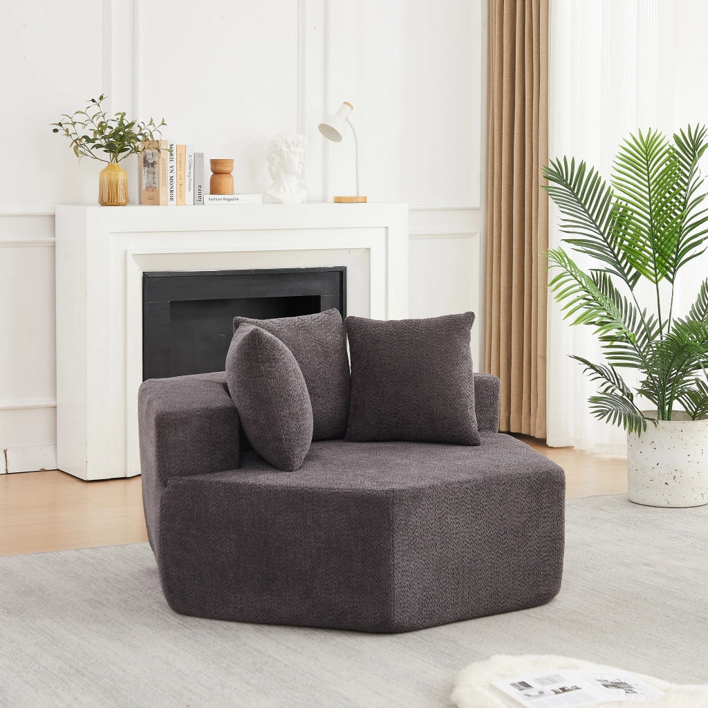 Poltrona lounge modulare esagonale in chenille grigia con 3 cuscini