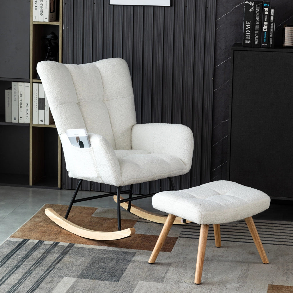 SEDIA A DONDOLO 92 cm Bianco Bouclé con pouf