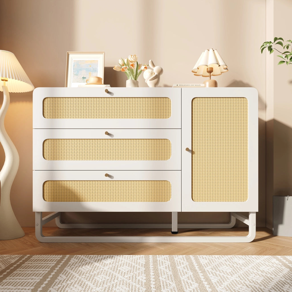 Credenza con 3 cassetti e anta con ripiani regolabili in MDF e metallo bianca per soggiorno 120 × 40 × 85 cm