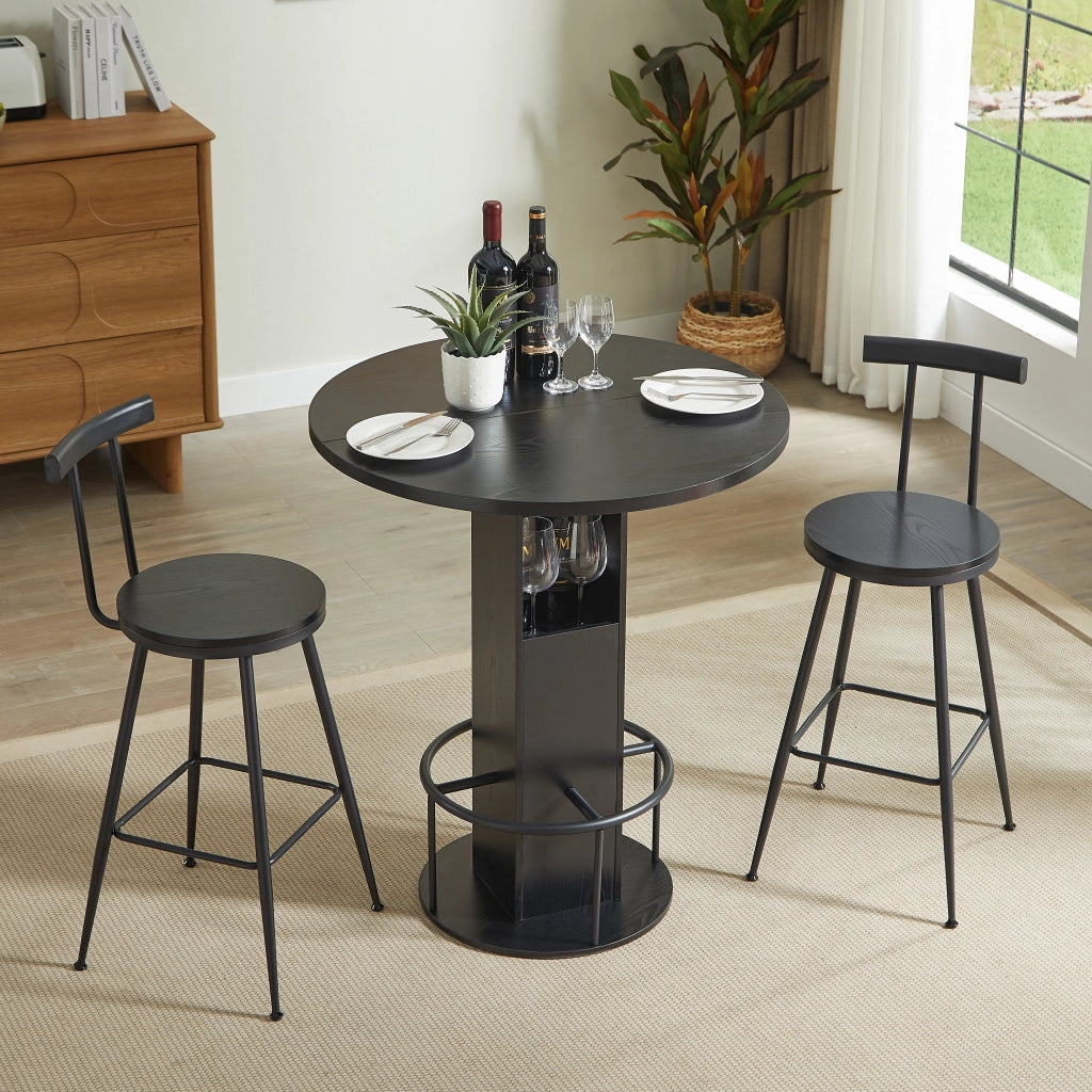 Set Tavolo Alto Rotondo con 2 Sgabelli ¨C MINIMAL ¨C Legno e Metallo Nero, Piano 80cm
