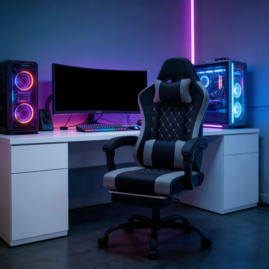 Sedia da Ufficio Gaming Ergonomica con Massaggio Lombare, Poggiapiedi, Schienale Reclinabile, in Tessuto Mesh Nero e Grigio 70 × 70 × 127 cm