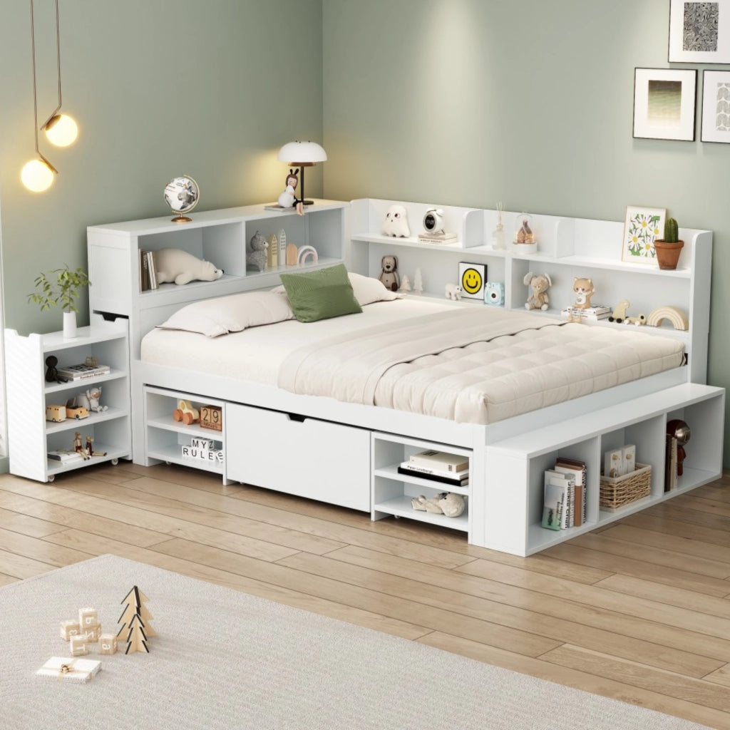 LETTO multifunzionale 140x200 cm bianco con cassetti e vani contenitore