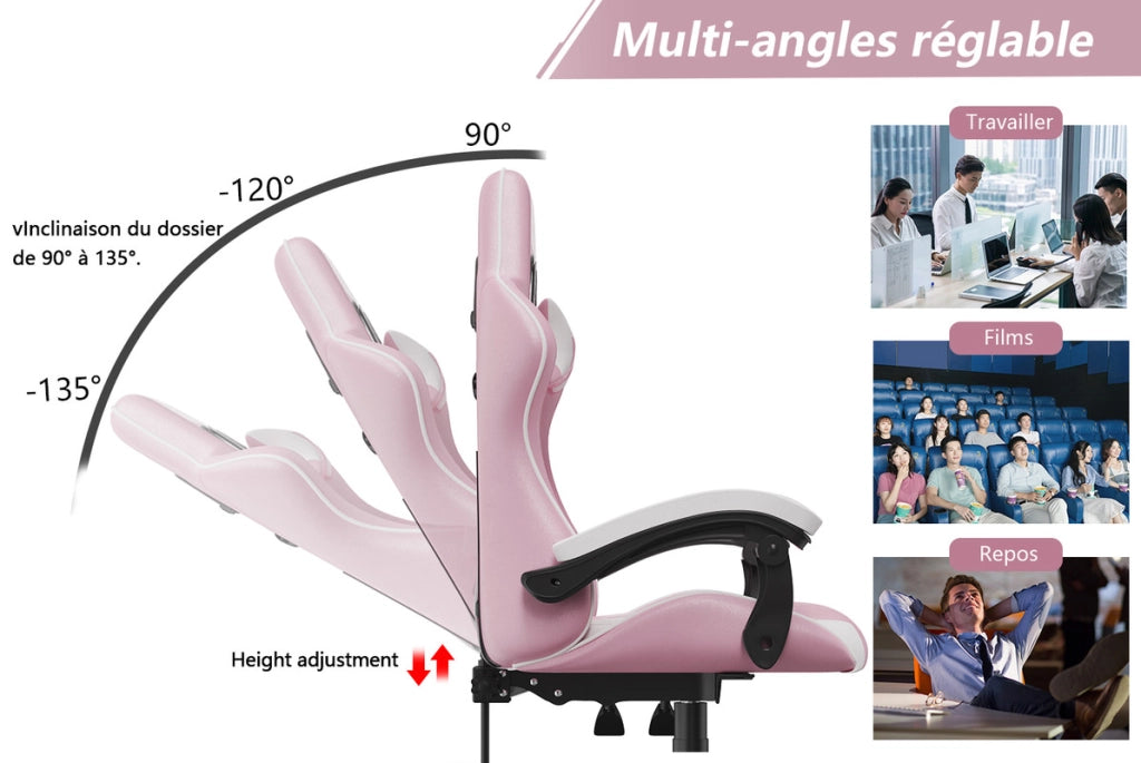Sedia da gioco,  Sedia da gioco ergonomica, altezza regolabile, schienale reclinabile, con braccioli e poggiatesta, rosa e bianco