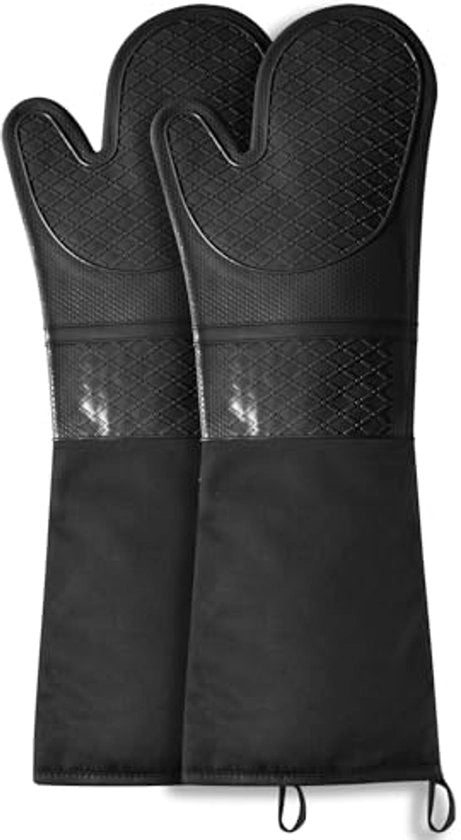Ovenwanten in silicone extra lungo, resistenti al calore, imbottiti con rivestimento antiscivolo, ideali per grigliare, cuocere e barbecue - 1 coppia 40 cm nero
