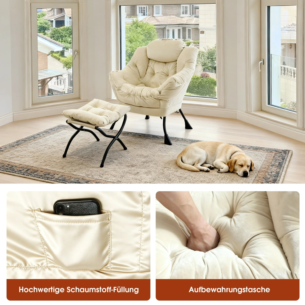 Poltrona relax con poggiapiedi; tasca laterale e braccioli in tessuto beige con struttura in metallo