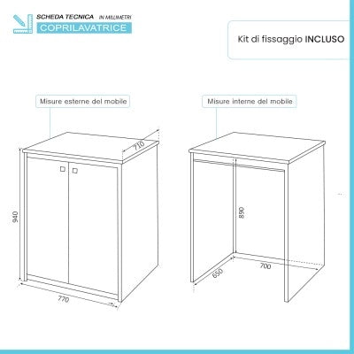 Mobile copri lavatrice 77x71 da esterno in PVC con fissaggio incluso