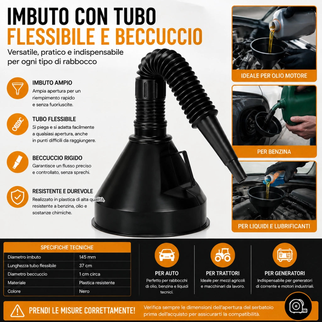 Imbuto con Filtro e Tubo Flessibile per Carburante Benzina Olio Acaqua Vino
