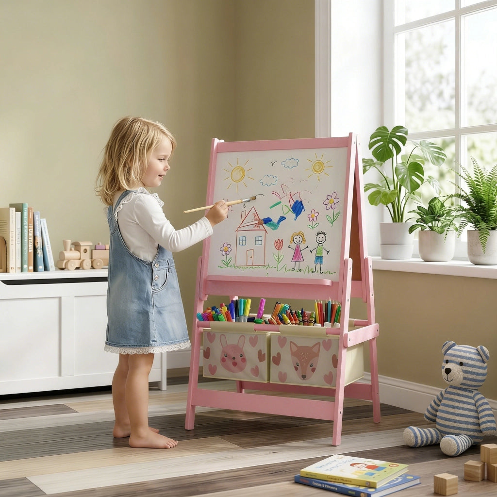 Lavagna cavalletto bambini doppia faccia con rotolo carta e 2 cestini ¨C Xylo ¨C Rosa 54x46,5x93cm