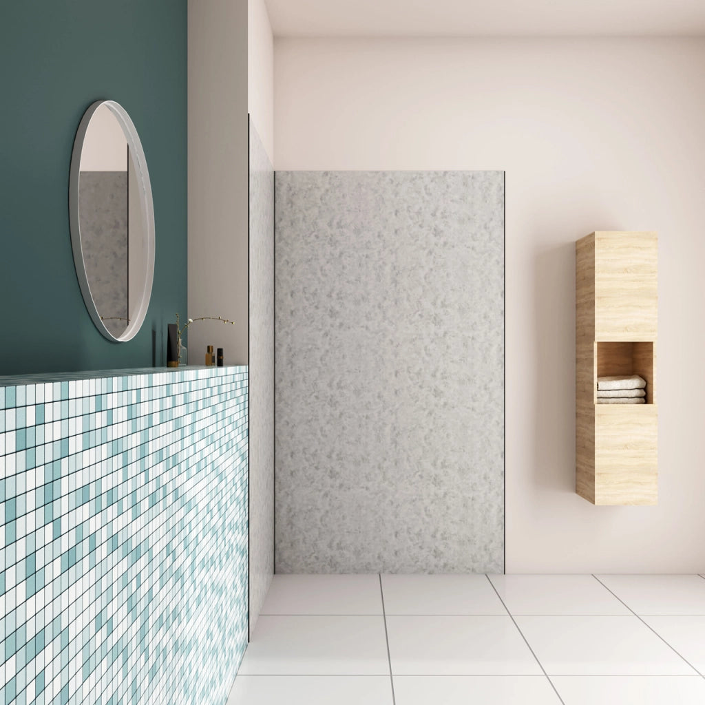 H.210 cm Pannello Doccia ad Angolo 90x90 cm Realizzato in Alluminio da 3 mm con Profili Finitura Grigio Cemento per Rivestimento Parete Bagno