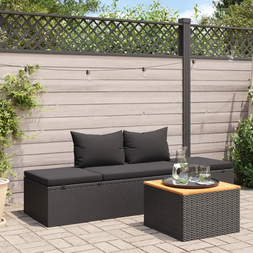 Lettino Prendisole con Cuscini in Polyrattan Nero
