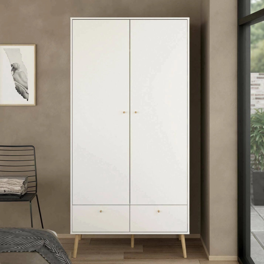 Guardaroba 2 ante Kahina, Mobile camera da letto, Cabina armadio portabiti, Armadio appendiabiti, 99x58 h200 cm, Bianco