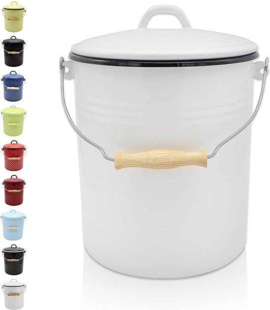 Vaso di raccolta rifiuti in acciaio con coperchio - smalto ebanico - maniglia in legno - 5 litri - bianco