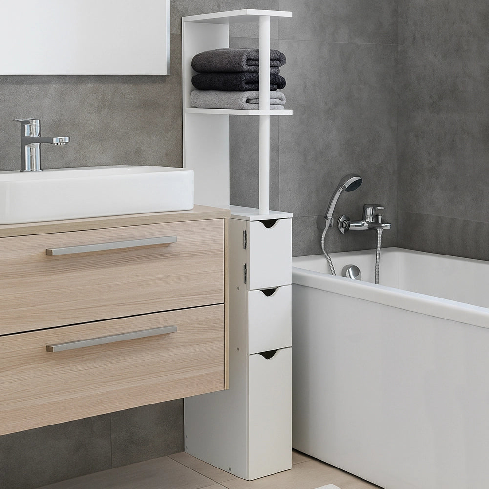 Mobile Colonna Bagno Salvaspazio Legno Mdf Bianco 3 Cassetti 2 Ripiani 136cm