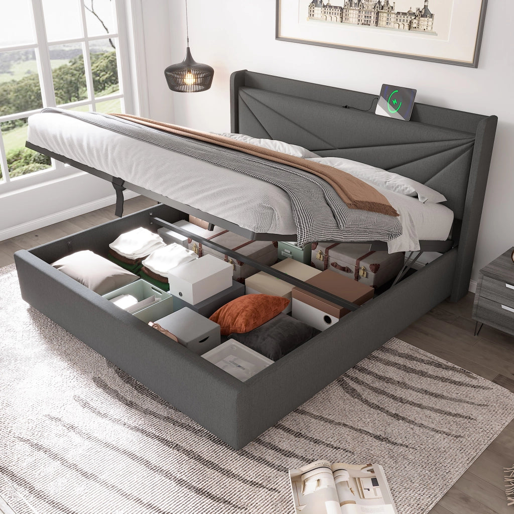 LETTO Contenitore 160x200 cm Grigio Cotone-Lino con USB e Tipo-C
