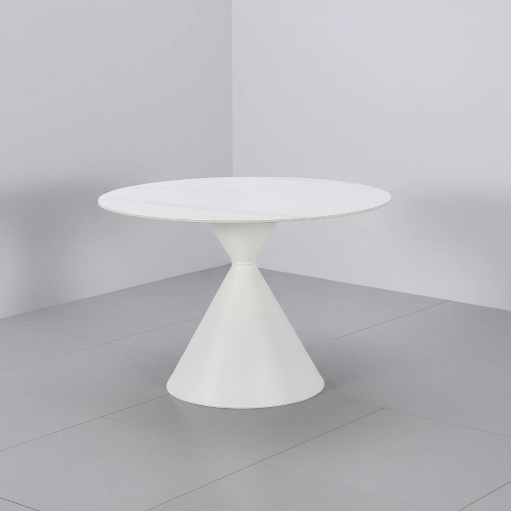Tavolo Rotondo Taini Ø120 cm in Ceramica Effetto Marmo Bianco con Base Conica in Metallo