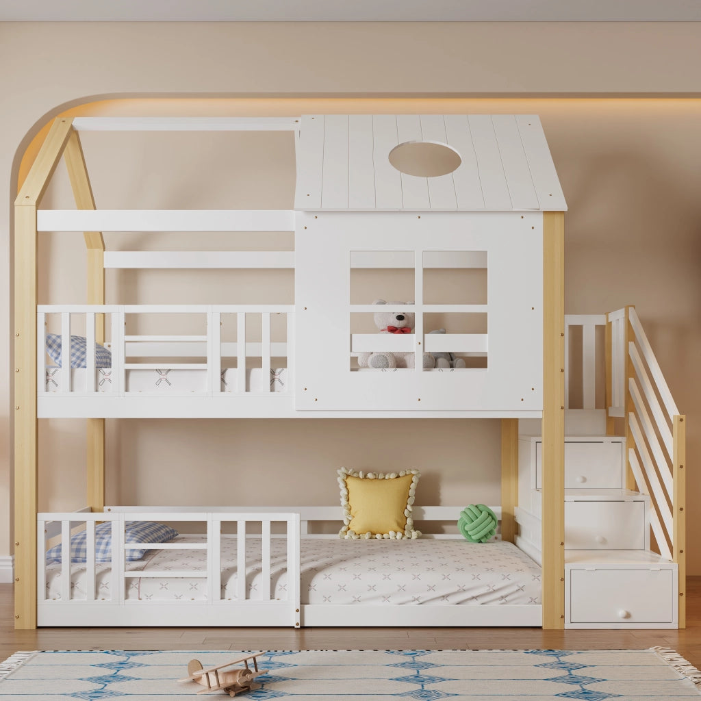LETTO A CASTELLO 90x200 cm con scala contenitore, bianco e naturale