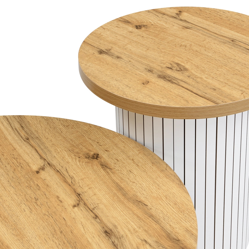 Tavolino da Caffè Rotondo con Tavolino Ausiliario, Spazio Di Archiviazione, Stile Nordico per Soggiorno, in MDF, Naturale