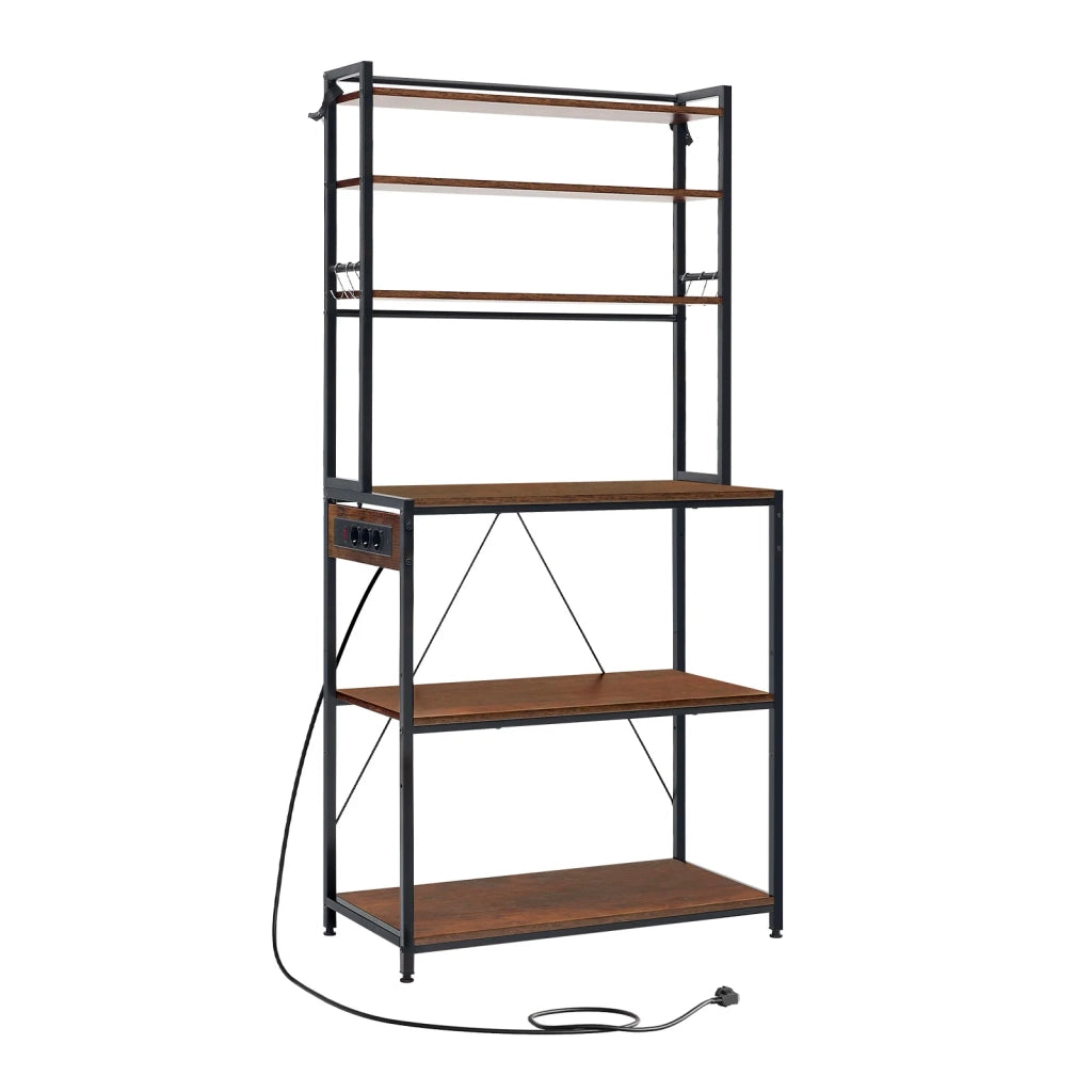 Scaffale cucina con prese, 6 ripiani aperti, 6 ganci, marrone rustico