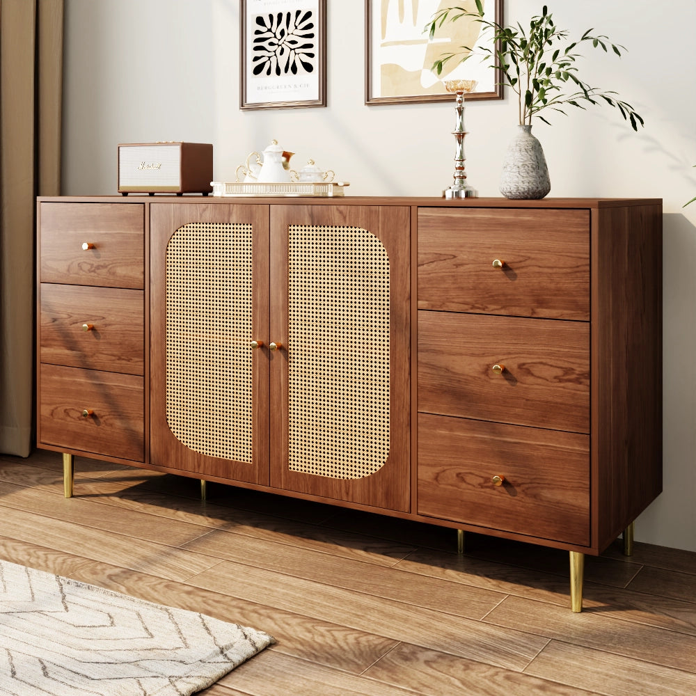 CREDENZA 160x40x90 cm in MDF colore legno con ante in rattan