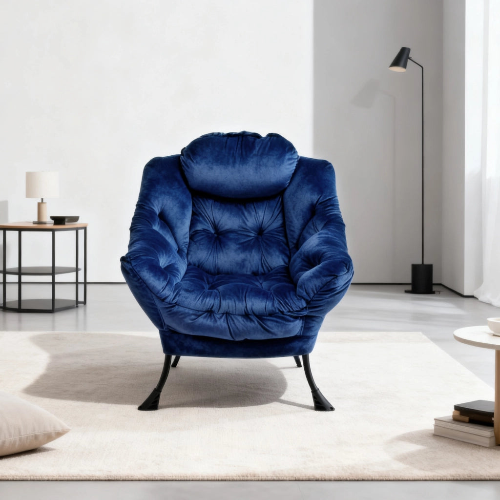 Poltrona relax con pouf, braccioli e tasca laterale in tessuto e metallo, per salotto e camera da letto, blu scuro